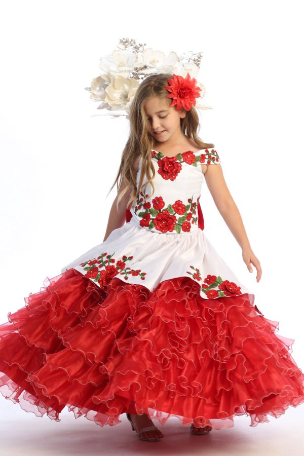 Bijan kids charro dress in white with red flowers embellished with rhinestones