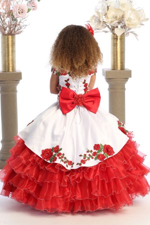 Bijan kids charro dress in white with red flowers embellished with rhinestones back with a big red bow and corset closure