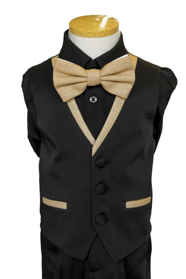 boys black vest with gold trims and gold bow tie