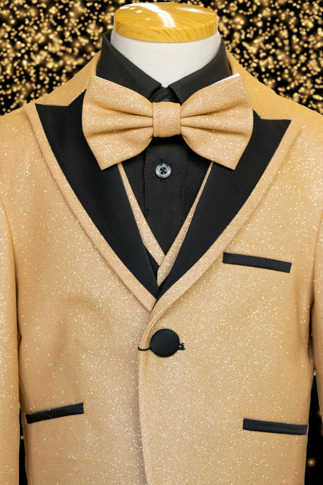boys gold glitter suit with black trims