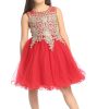 girls red short dress with gold embroidered bodice