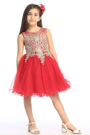 girls red short dress with gold embroidered bodice