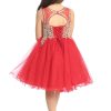 girls red short dress with gold embroidered bodice, back with keyhole back and corset