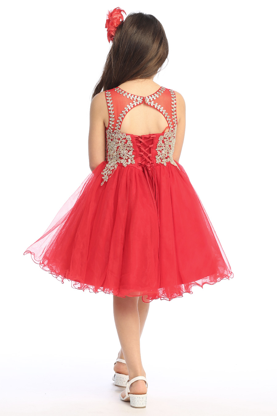 girls red short dress with gold embroidered bodice, back with keyhole back and corset