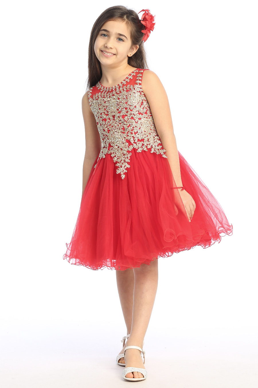girls red short dress with gold embroidered bodice