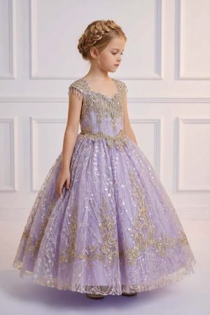 a young girls wearing a intricate lavender dress covered in scattered sequins and glitter with a golden embroidered bodice