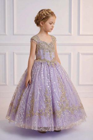 a young girls wearing a intricate lavender dress covered in scattered sequins and glitter with a golden embroidered bodice