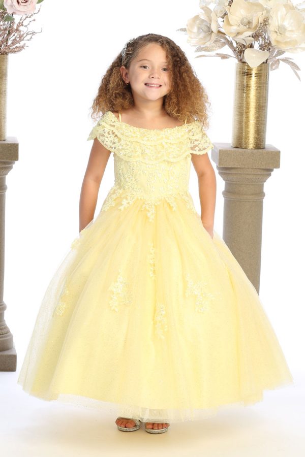 Yellow glittered dress for girls with dropdown shoulder