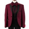 Burgundy glitter suit with black vest, black pants, black shirt, and bow.
