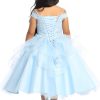 Baby blue dress for girls with layered big ruffles. Embroidered top embellished with small rhinestones. Corset back and mid calve length.
