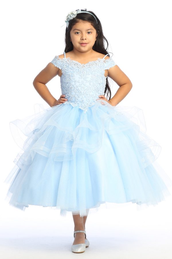 Baby blue dress for girls with layered big ruffles. Embroidered top embellished with small rhinestones. Corset back and mid calve length.
