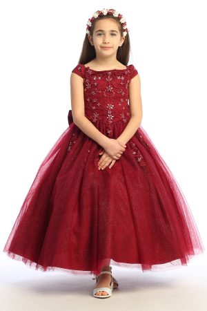 Burgundy dress for girls with embroidered top