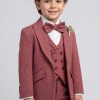 Young boy wearing a burgundy formal suit with jacket, double-breasted vest, white shirt, and bow tie.