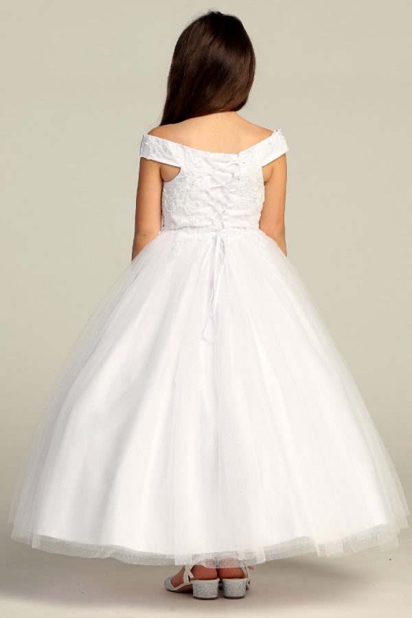 All white tea length dress for girls. Simple yet elegant and with a slight glitter shine. Corset closure with embroidered bodice. length above the ankle
