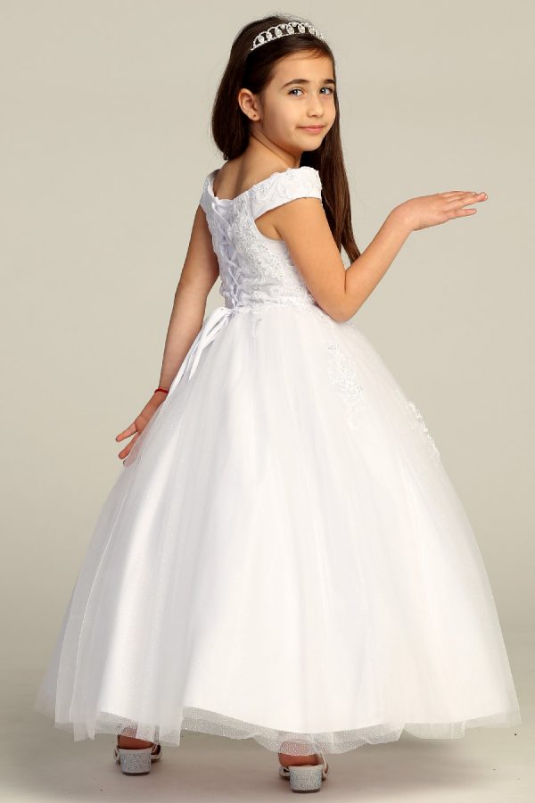 All white tea length dress for girls with corset back dress with slight shinny glitter skirt. perfect for first communions.