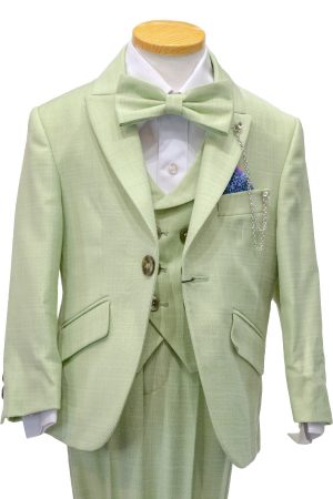 Light Sage green suit with jacket, double breasted vest, white shirt, bow tie, pants, and lapel chain.