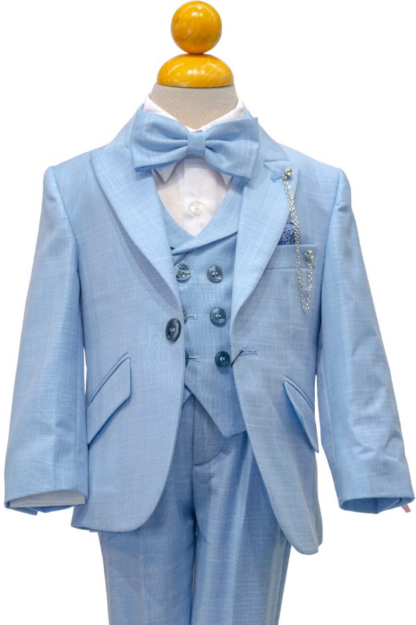 A baby blue suit set for boys with a double breasted vest