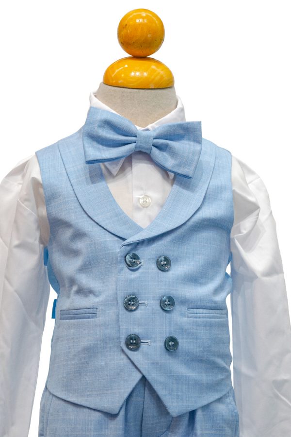 a baby blue vest for boys with a large bowtie