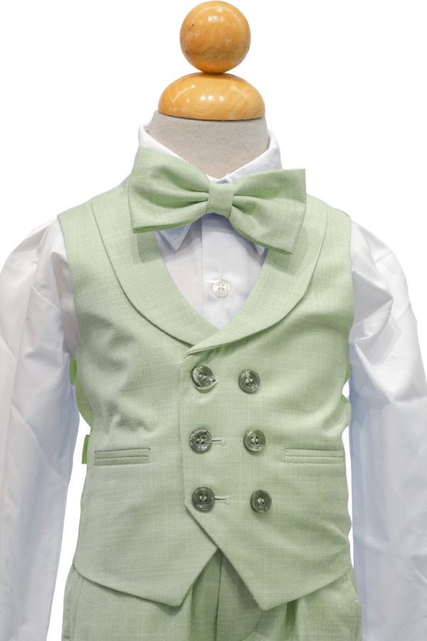 sage green suit for boys vest with lapel and double breasted buttons and a large bow-tie