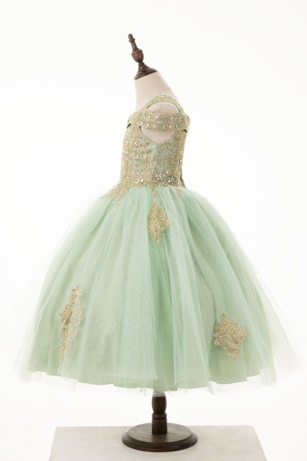 sage green dress with gold embroidered bodice and dropdown shoulders