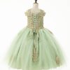 sage green dress with gold embroidered bodice and corset back