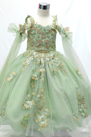 sage green dress for girls with gold embroidered appliques.