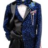 Royal blue leopard glitter tuxedo for boys, with a matching vest and black pants.