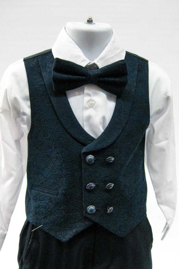 boy's dark teal vest combined with navy blue over a white long sleeve dress shirt