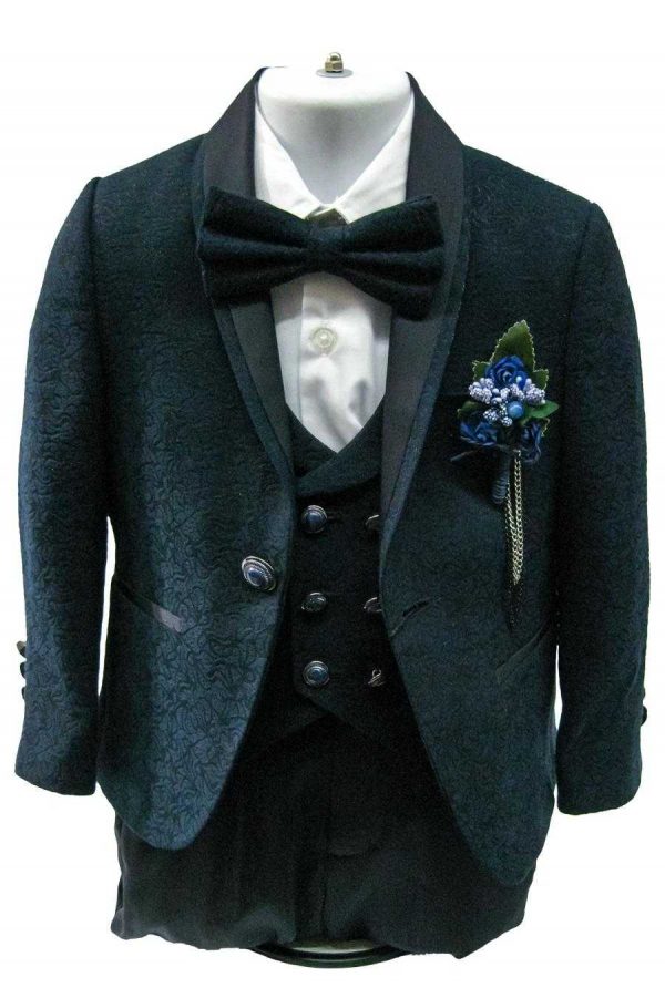 boy's teal and navy blue tuxedo suit.