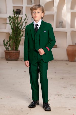 Blond boy modeling an emerald green suit with matching tone on tone pants