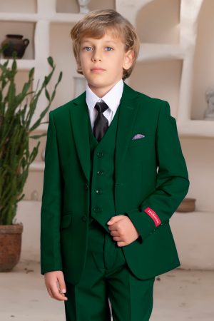 Emerald green suit with matching pants and vest. includes white shirt and black tie