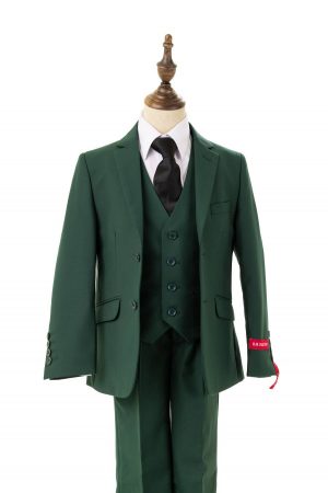 emerald green suit for boys; 5 piece set comes with jacket, vest, pants, white shirt, and tie