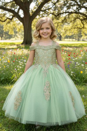 sage dress for girls with gold embroidery