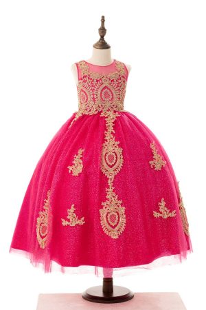 9004-4 Girls Long Dress with Gold Embroidery