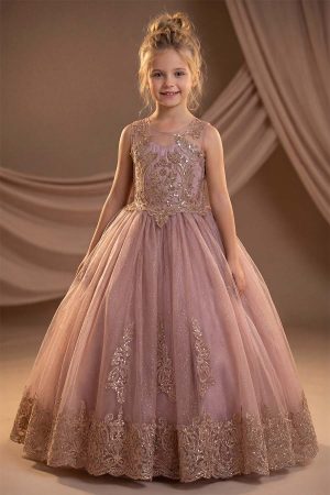Alternative view of 9028 Mocha ballgown with vintage gold embroidery