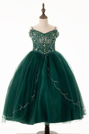 EMERALD GREEN BALL GOWN FOR GIRLS WITH A DROPDOWN SHOULDER STRAP. EMBELLISHED WITH RHINESTOENS