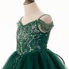 EMERALD GREEN BALL GOWN FOR GIRLS WITH A DROPDOWN SHOULDER STRAP. EMBELLISHED WITH RHINESTOENS, DRAPING SHOULDER STRAP