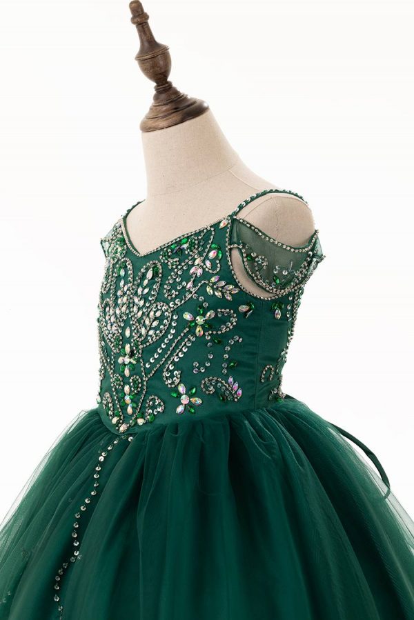 EMERALD GREEN BALL GOWN FOR GIRLS WITH A DROPDOWN SHOULDER STRAP. EMBELLISHED WITH RHINESTOENS, DRAPING SHOULDER STRAP