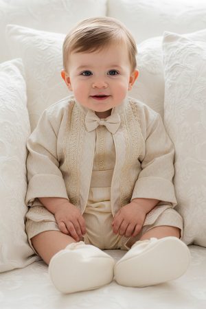 a baby boy sitting with a baptism gown