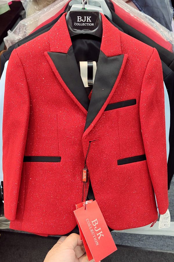 boy's red glitter tuxedo combined with black