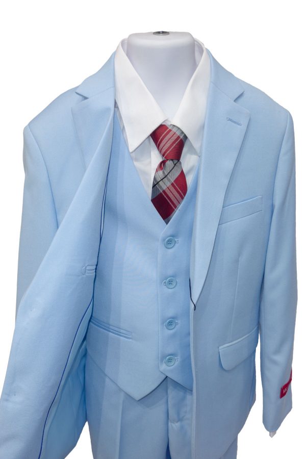 baby blue suit for boys with a white shirt and a burgundy and grey plaid tie