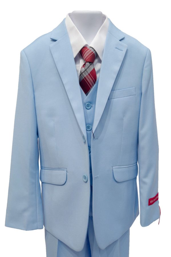 baby blue suit for boys with a white shirt and a burgundy and grey plaid tie