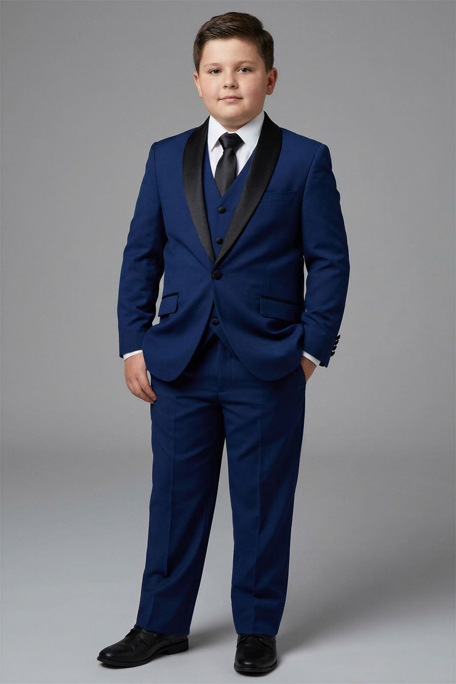 Boy's royal blue husky tuxedo with black satin lapel