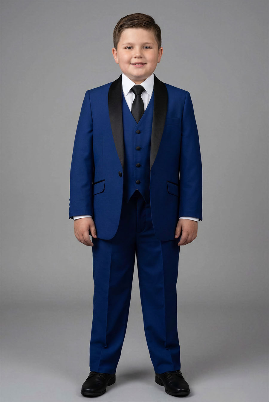 Boy's royal blue husky tuxedo with black satin lapel