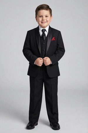 boy wearing a black tuxedo with a husky cut