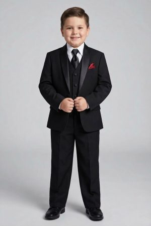 boy wearing a black tuxedo with a husky cut