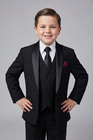 a husky boy wearing a black tuxedo