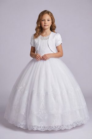 white dress with a bolero jacket, skirt has embroidered design all around the bottom