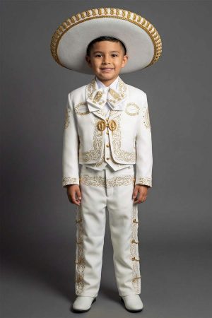 Alternative view of CH940 Ivory Gold Virgen Guadalupe Charro suit for boys