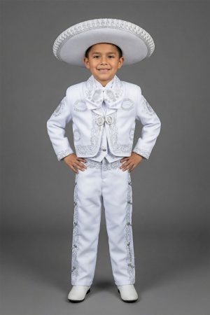 Alternative view of CH940 White Silver Virgen Guadalupe Charro suit for boys